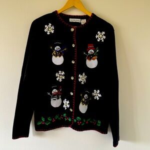 Vintage Snowman Leopard Print Black Christmas Sweater Cardigan Size Medium